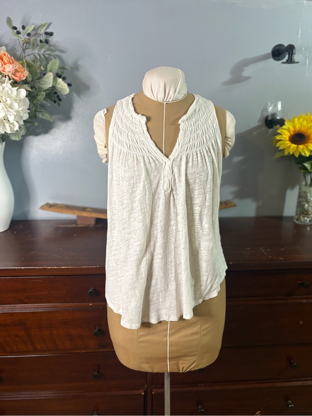 We The Free Cream Smocked V-Neck Sleeveless Camisole